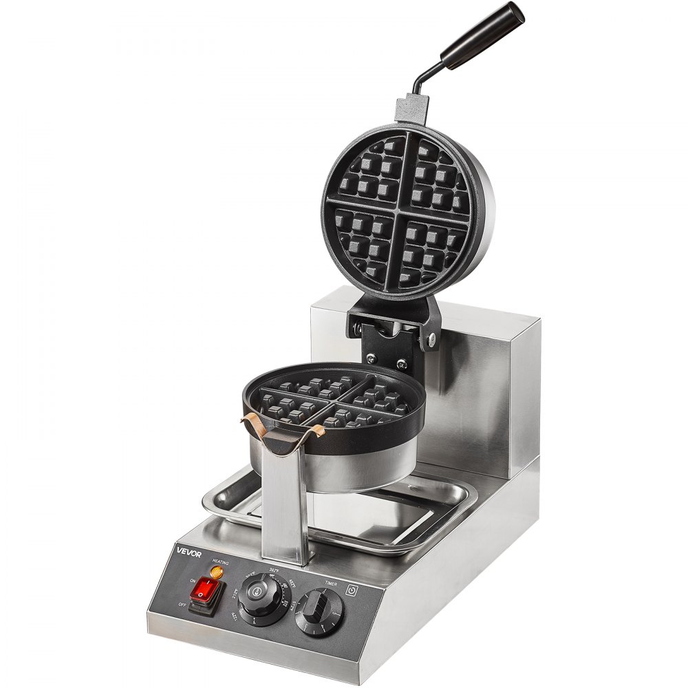 VEVOR Máquina para hacer gofres comercial, 1 pieza por lote, plancha para gofres redonda de 1300 W, máquina para hacer gofres antiadherente con rango de temperatura de 122-572 ℉ / 50-300 ℃ Bandejas para hornear recubiertas de teflón Cuerpo de acero inoxidable, 120 V