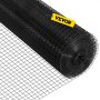 Rollo de valla de alambre soldado VEVOR en color negro, parcialmente desenrollado con una etiqueta VEVOR amarilla.