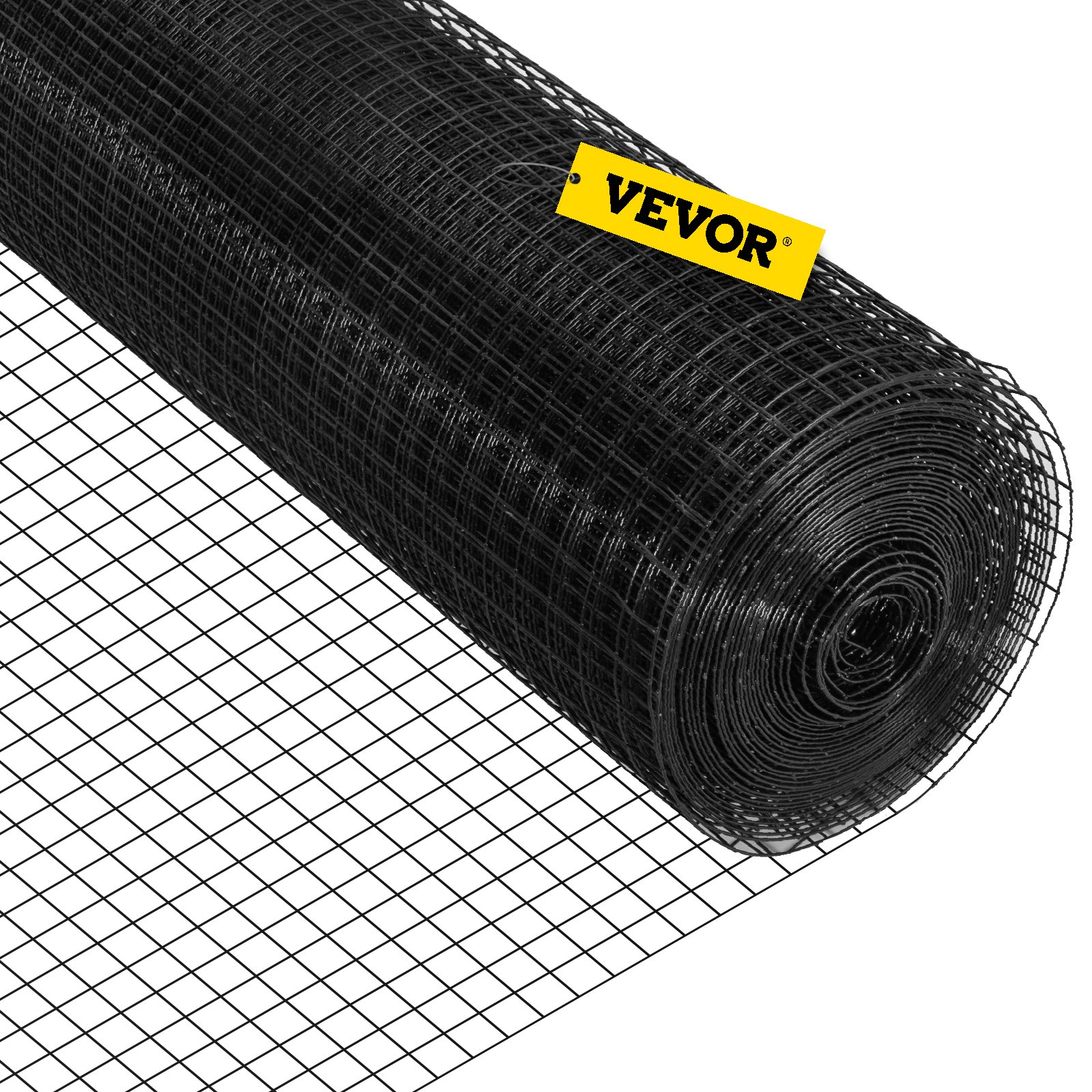 Rollo de valla de alambre soldado VEVOR en color negro, parcialmente desenrollado con una etiqueta VEVOR amarilla.
