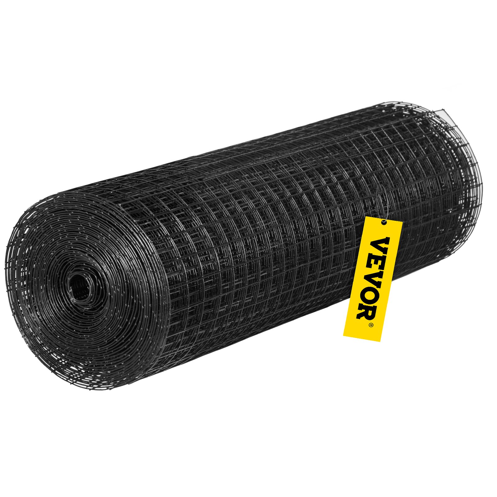 Rollo de valla de alambre soldado VEVOR negro con etiqueta VEVOR amarilla.
