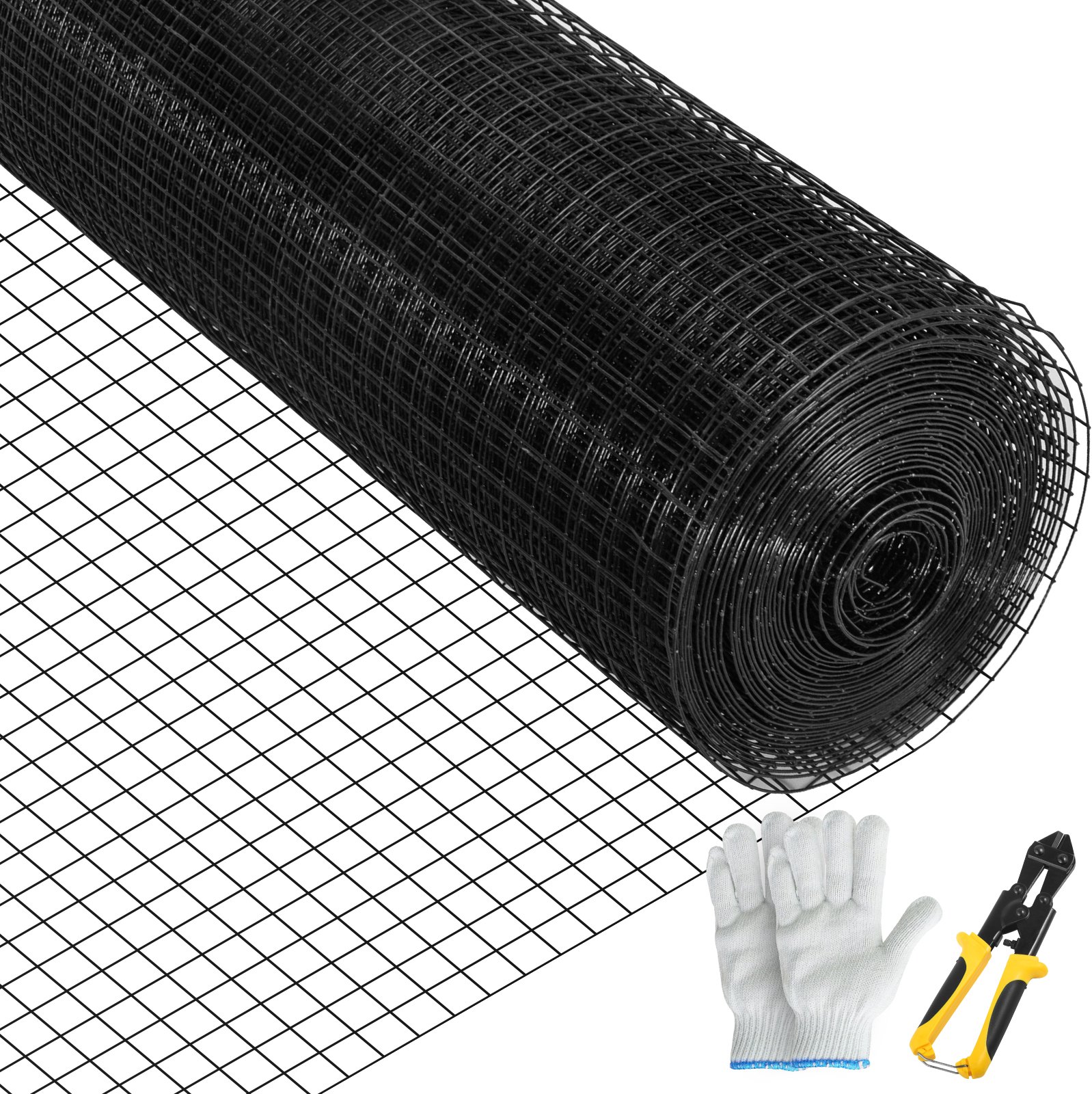 Rollo de tela metálica VEVOR con guantes y alicates de corte.