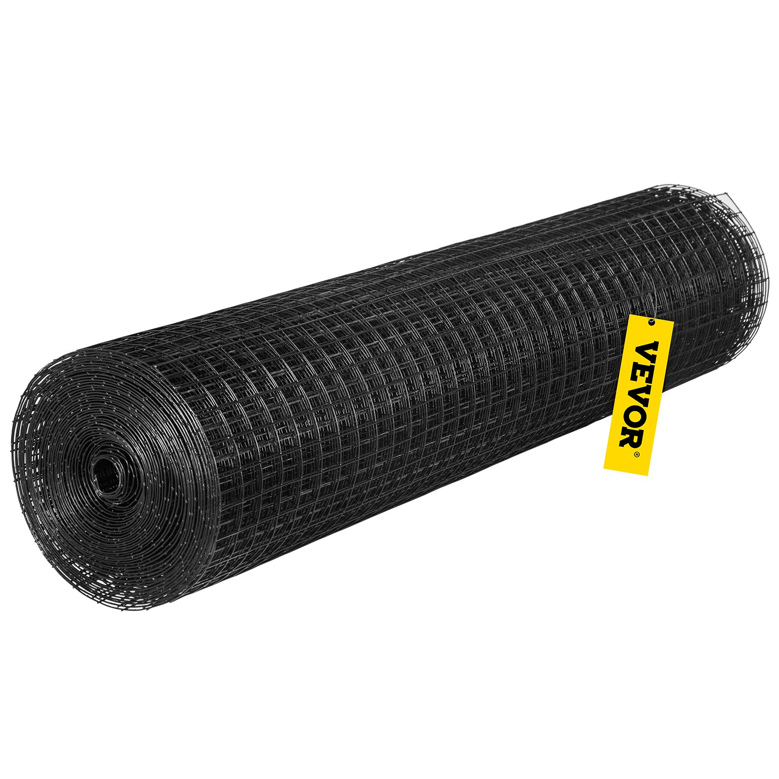 Rollo de tela metálica VEVOR negra con una etiqueta VEVOR amarilla.