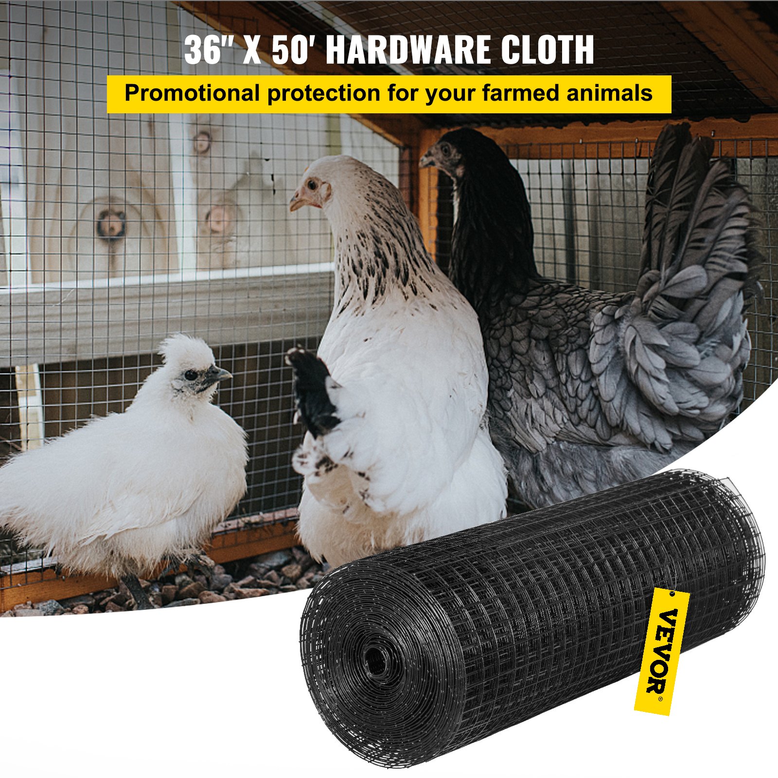 Tela metálica VEVOR que protege a las gallinas en un gallinero, rollo de malla de alambre negra en primer plano.