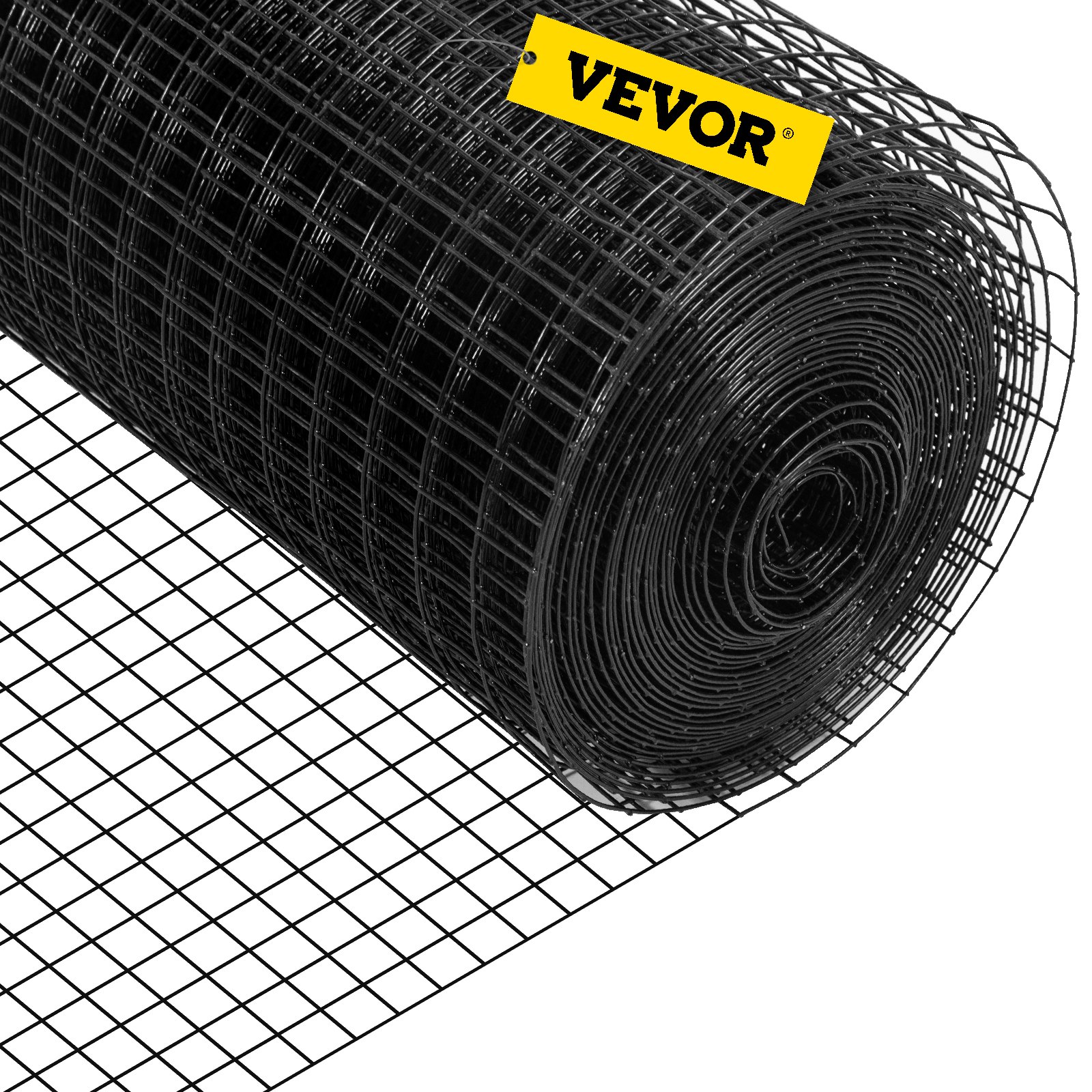 Rollo de tela metálica VEVOR, malla de alambre negra con etiqueta VEVOR, parcialmente desenrollado.