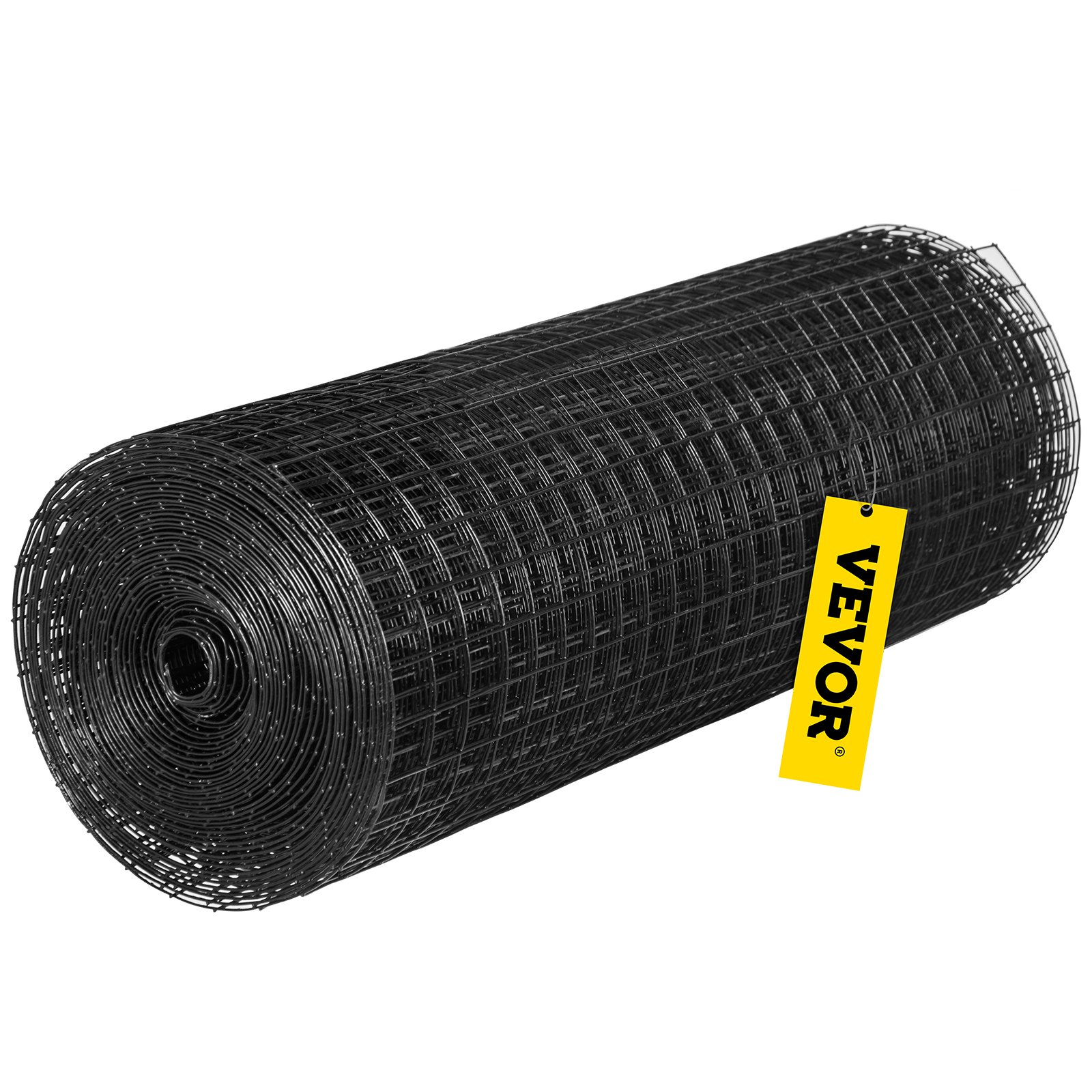 Rollo de tela metálica VEVOR negra con una etiqueta VEVOR amarilla adherida.
