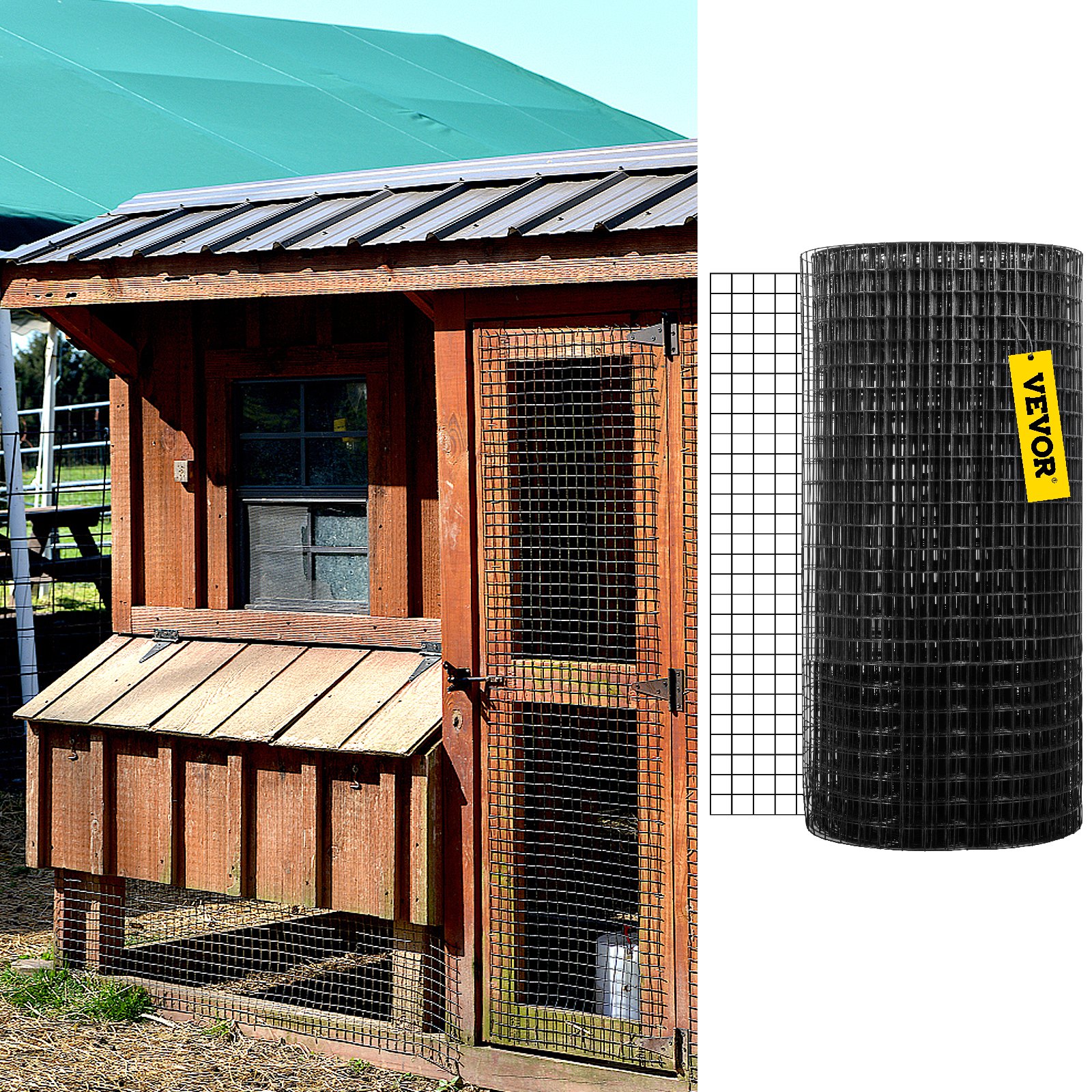 Malla metálica VEVOR de 91 cm x 152 m y 2,54 cm x 2,54 cm, acero galvanizado recubierto de vinilo, calibre 16, incluye alicates de corte y guantes de tela, ideal para cercas de jardín y recintos para mascotas.