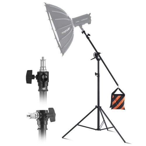 VEVOR Soporte de iluminación de aluminio con amortiguación de aire, altura máxima de 390 cm, soporte de fotografía ajustable con brazo articulado, bolsa de arena, carga máxima de 5 kg, tornillo de 1/4 pulg. para softbox, flash de estudio, paraguas y anillo de luz.