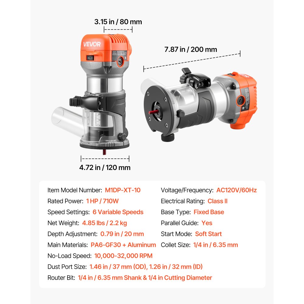 VEVOR Fresadora de Madera 1 HP 710 W, Rebajadora Eléctrica de 6 Velocidades Variables, con Base Fija y Cubierta Antipolvo, Fresadora de Cantos para Carpintería, Proyectos de Bricolaje, con Cable
