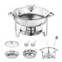 Juego de plato para calentar alimentos VEVOR de acero inoxidable con tapa de vidrio, soporte para combustible, dos recipientes para condimentos y utensilios.