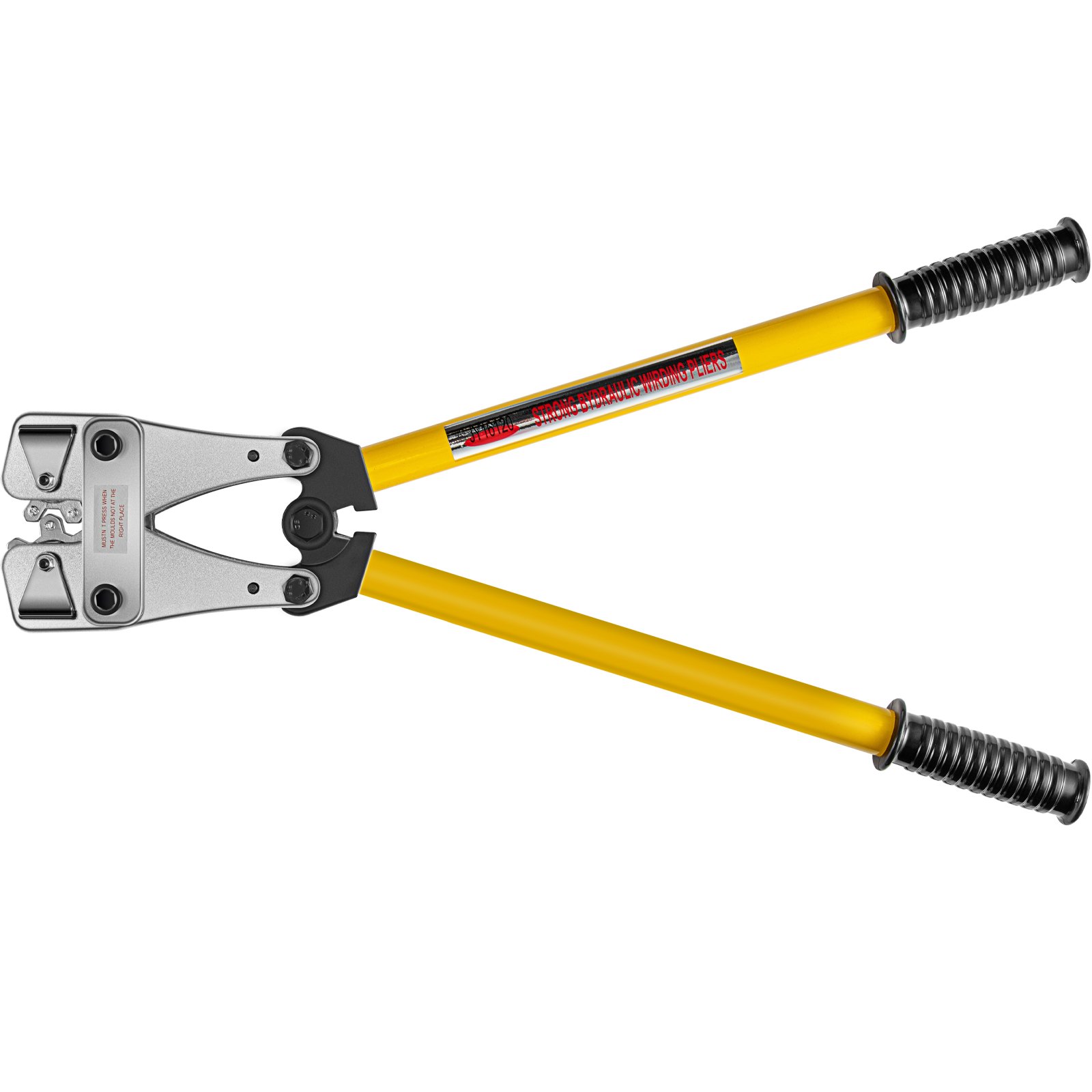 Crimpadora de cable de batería VEVOR amarilla con mangos ergonómicos negros.