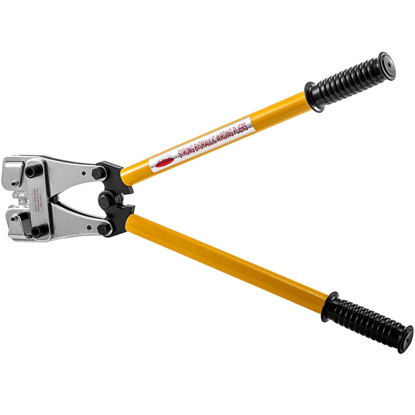 Crimpadora de cables de batería VEVOR con mango amarillo, empuñaduras negras y cabezal de metal.