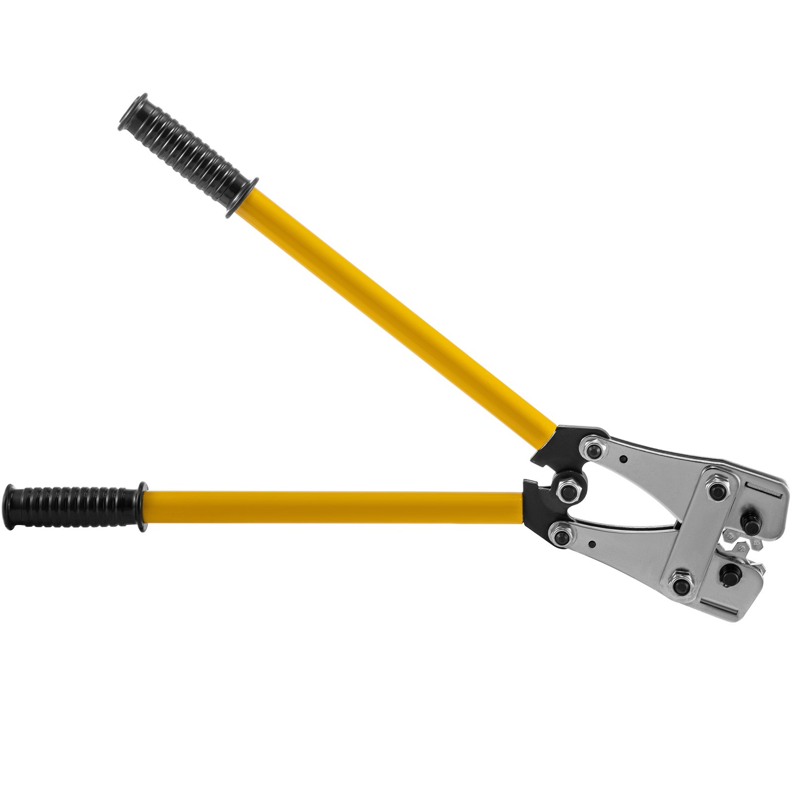Crimpadora de cables de batería VEVOR con mango amarillo, agarre ergonómico y mordaza de metal.