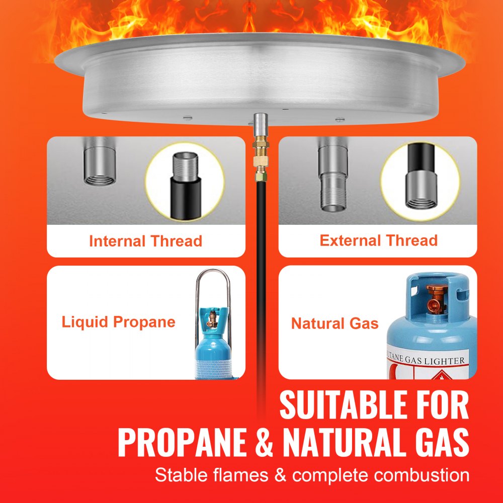 Sartén para fogata VEVOR apta para propano y gas natural, muestra roscas internas y externas.
