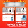 Sartén para fogata VEVOR apta para propano y gas natural, muestra roscas internas y externas.