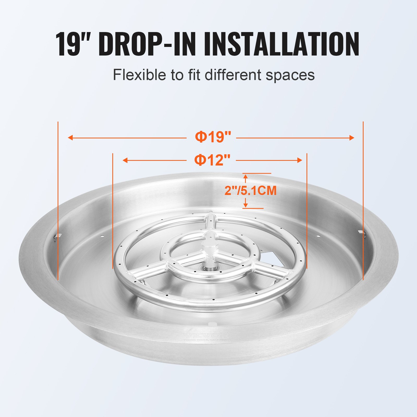 Sartén para fogata VEVOR de 19&quot; con dimensiones: anillo de quemador de 12&quot;, diámetro exterior de 19&quot; y profundidad de 2&quot;.