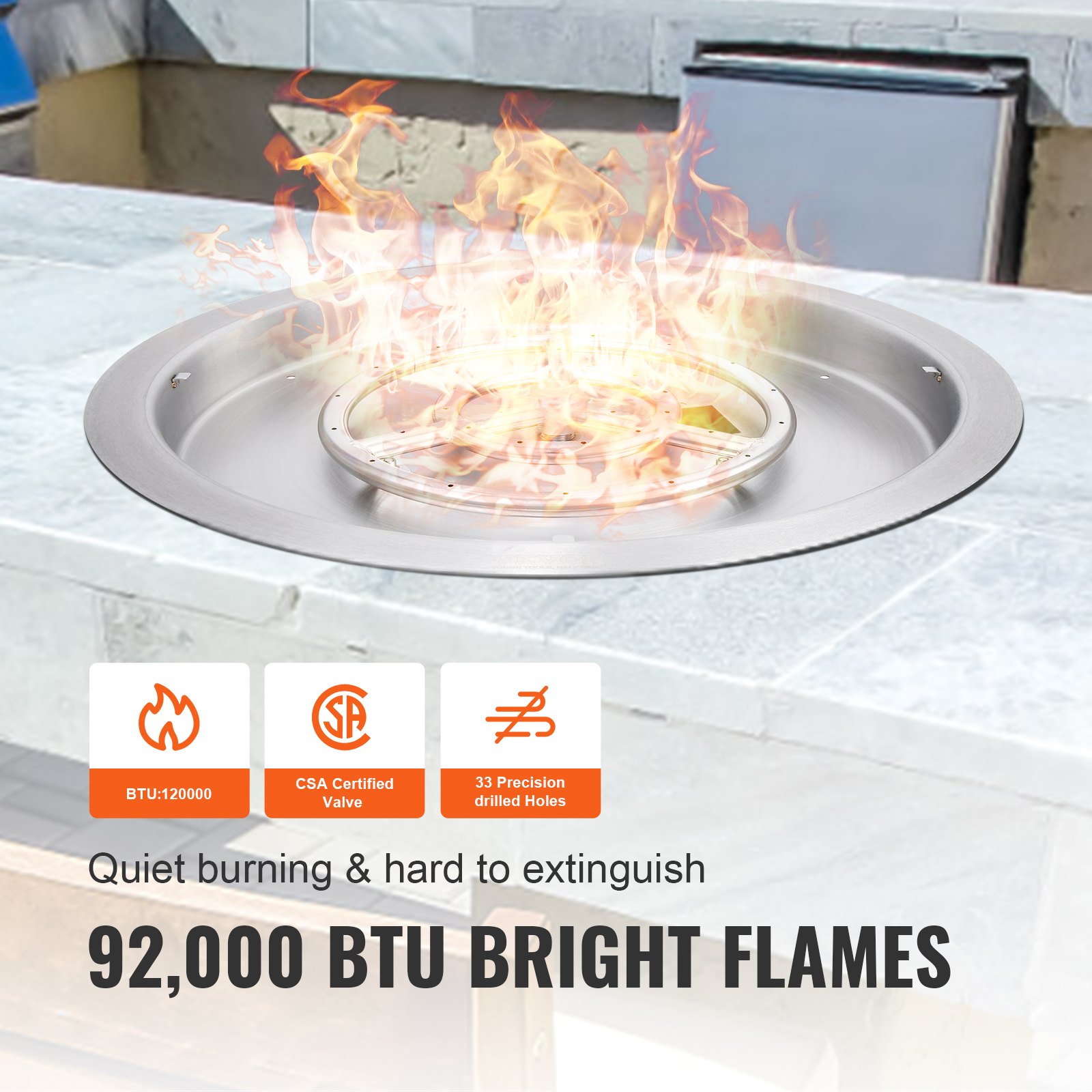 Brasero para fogatas VEVOR con llamas brillantes de 92 000 BTU, válvula con certificación CSA y 33 orificios perforados con precisión