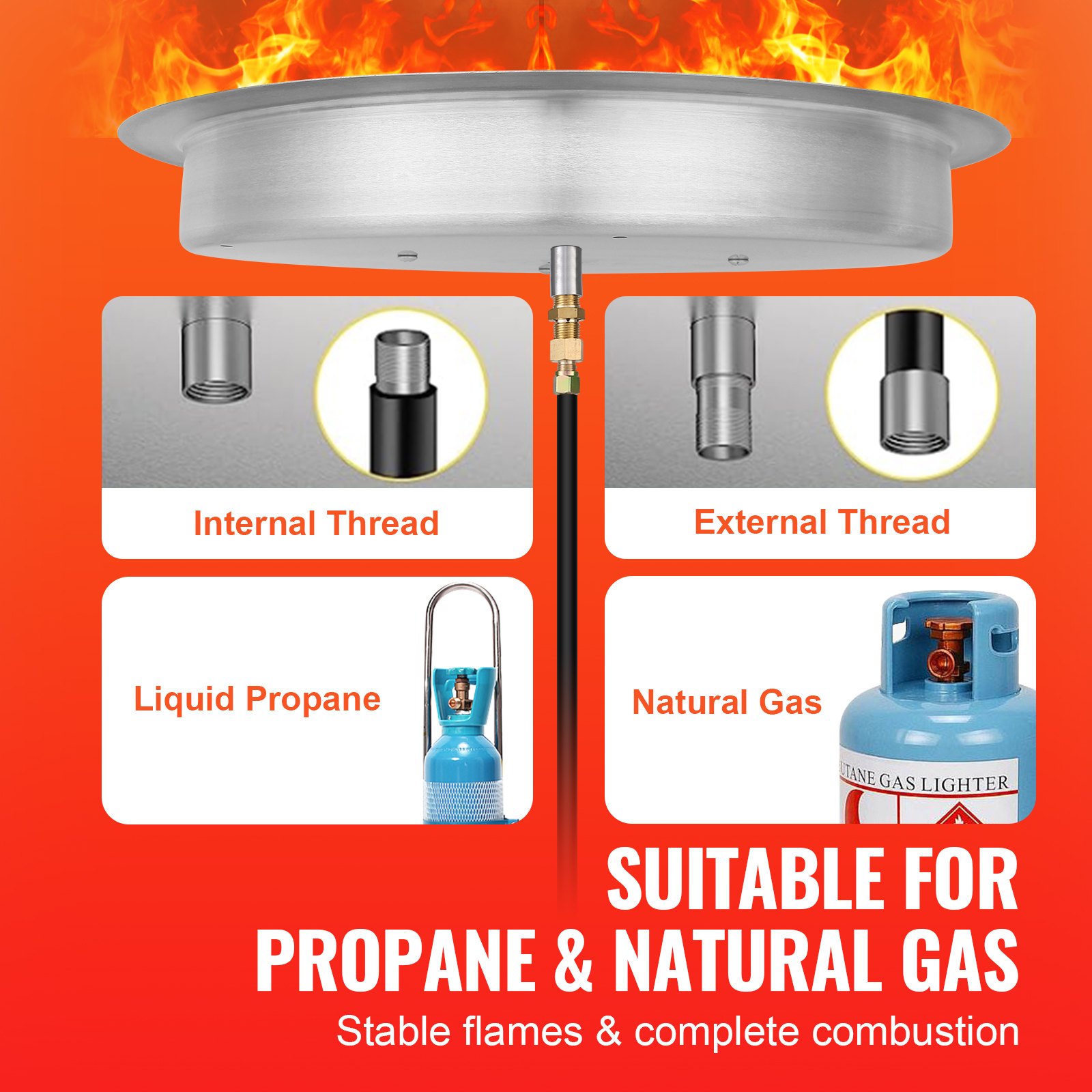 Sartén para fogata VEVOR apta para propano y gas natural, muestra roscas internas y externas.