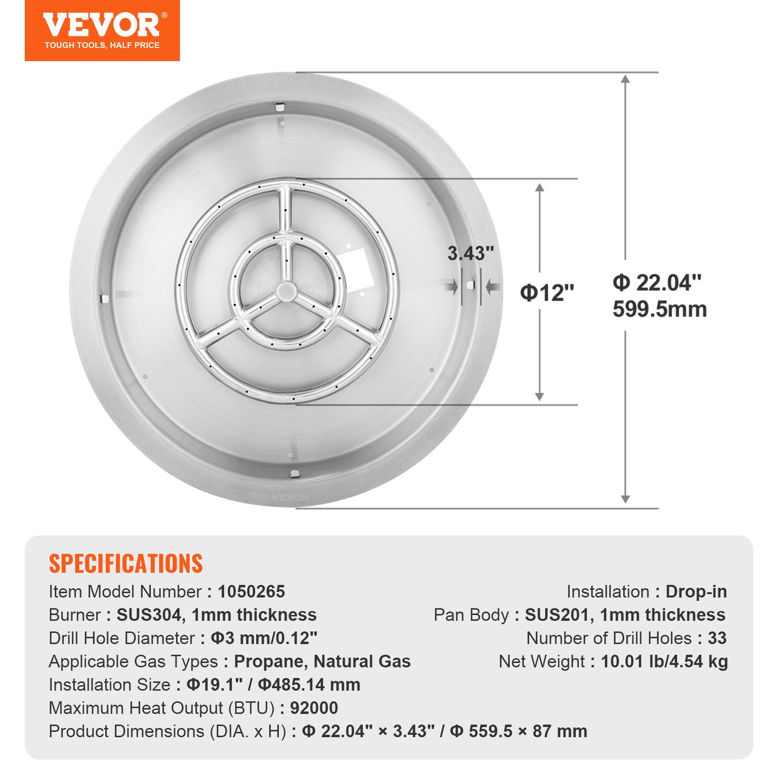 Sartén para fogata VEVOR con quemador sus304 de 1 mm, 22,04&quot; de diámetro y 3,43&quot; de altura, ideal para propano y gas natural.