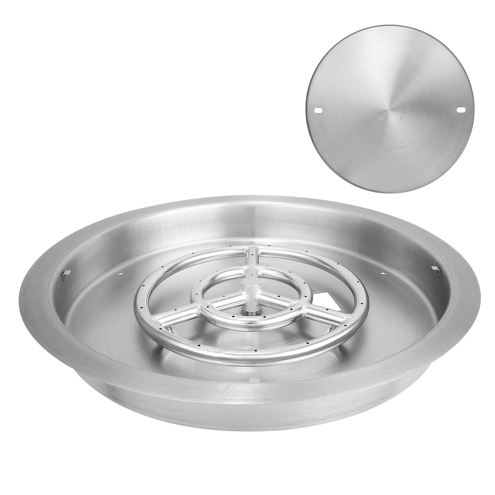 Sartén para brasero VEVOR redonda de acero inoxidable con sistema de encendido por chispa y cubierta protectora.