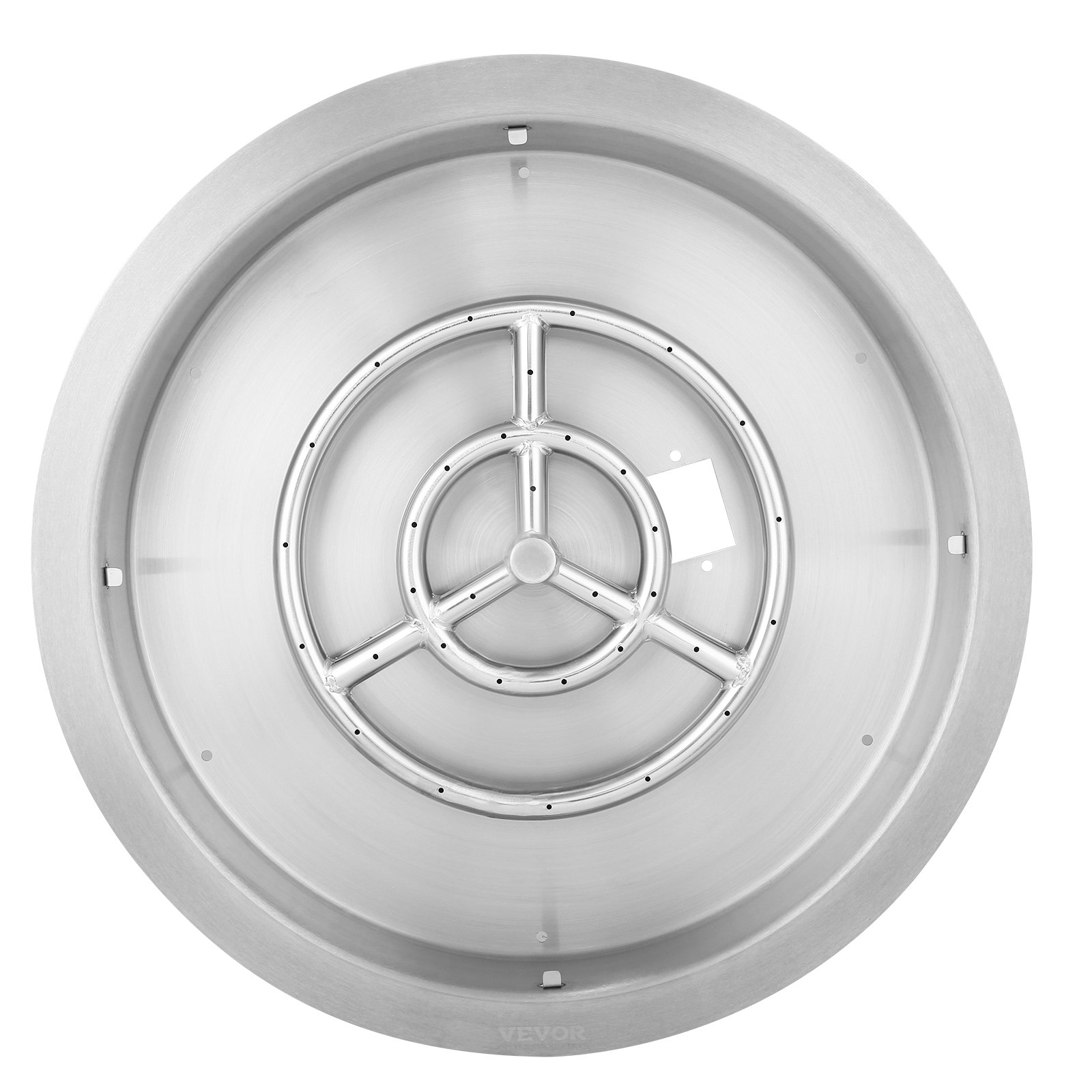 Brasero para fuego VEVOR en acero inoxidable con quemador circular y orificios de llama espaciados uniformemente.