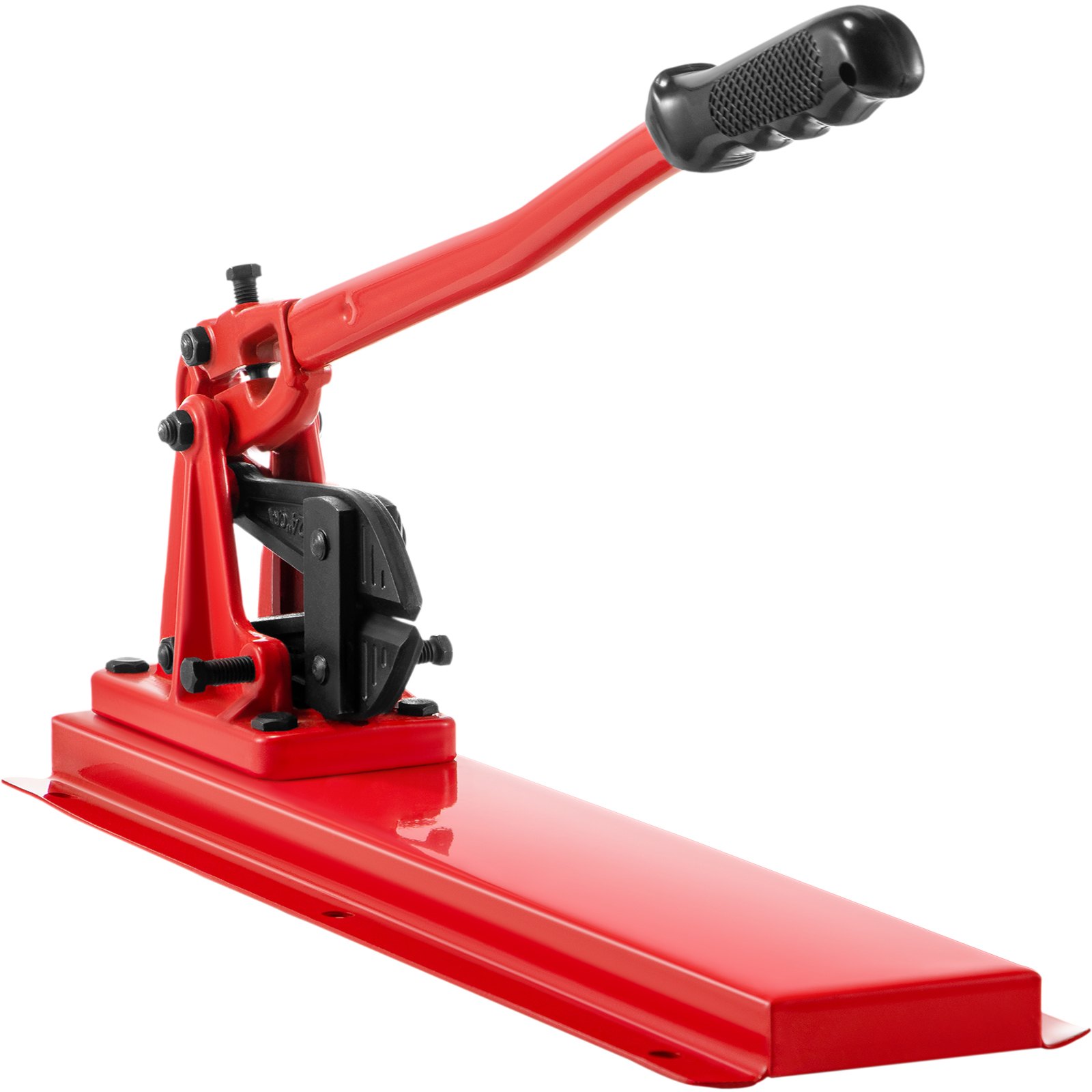 Herramienta prensadora de banco VEVOR roja con palanca extendida y base resistente.