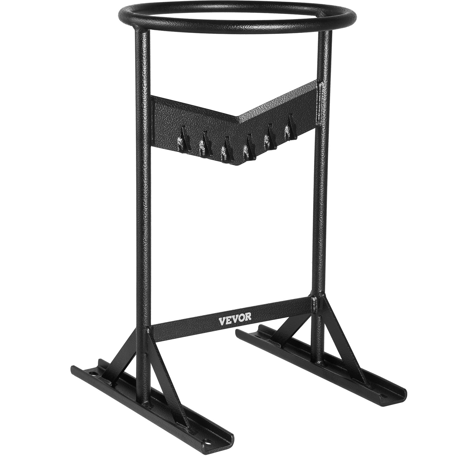 Cortador de leña VEVOR, estructura de metal negro con anillo superior circular y base resistente.