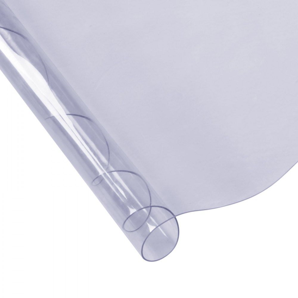 Protector de mesa de plástico transparente VEVOR parcialmente desenrollado, resaltando su superficie lisa y transparente.