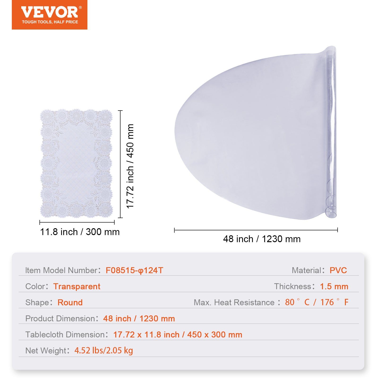 Protector de mesa VEVOR, pvc, transparente, redondo de 48 pulgadas con dimensiones y especificaciones detalladas.