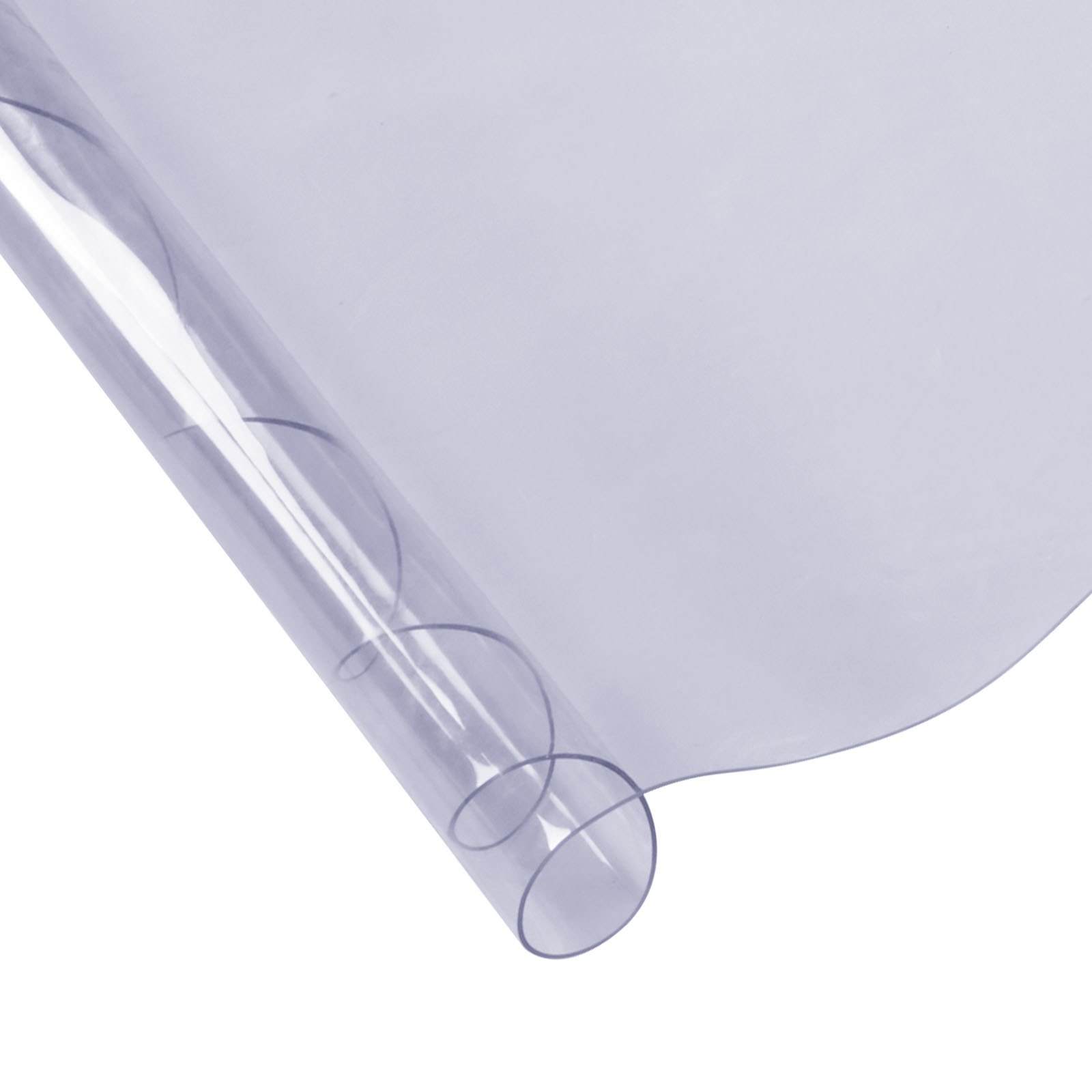 Protector de mesa de plástico transparente VEVOR parcialmente desenrollado, resaltando su superficie lisa y transparente.