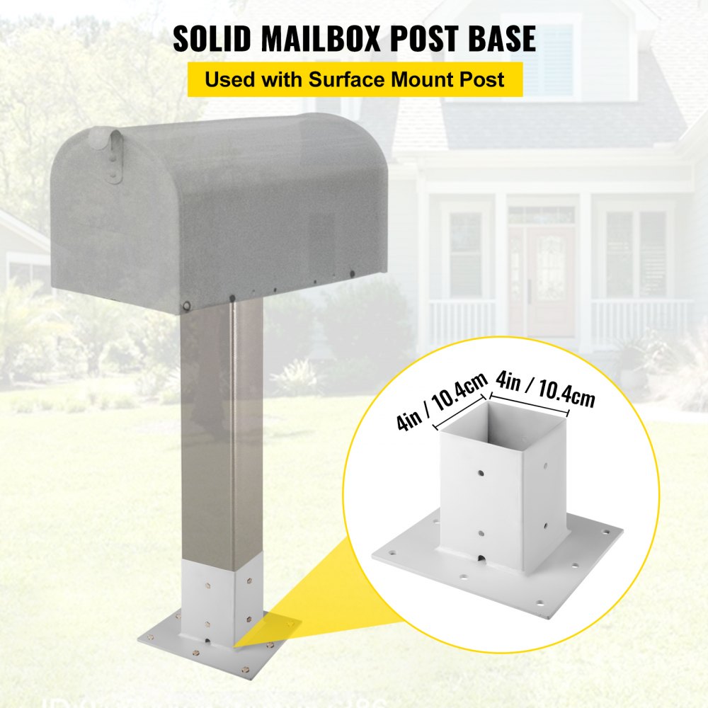 Base de poste VEVOR para instalación de buzón resistente en frente de una casa. Tamaño: 4 pulgadas/10,4 cm.