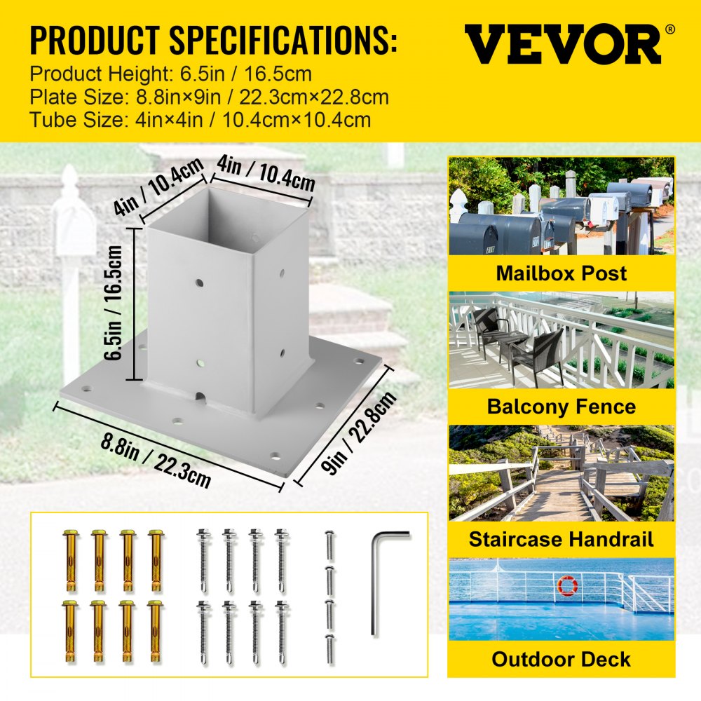 Base de poste VEVOR con dimensiones y usos de aplicación: poste de buzón, valla de balcón, pasamanos de escalera, terraza exterior.