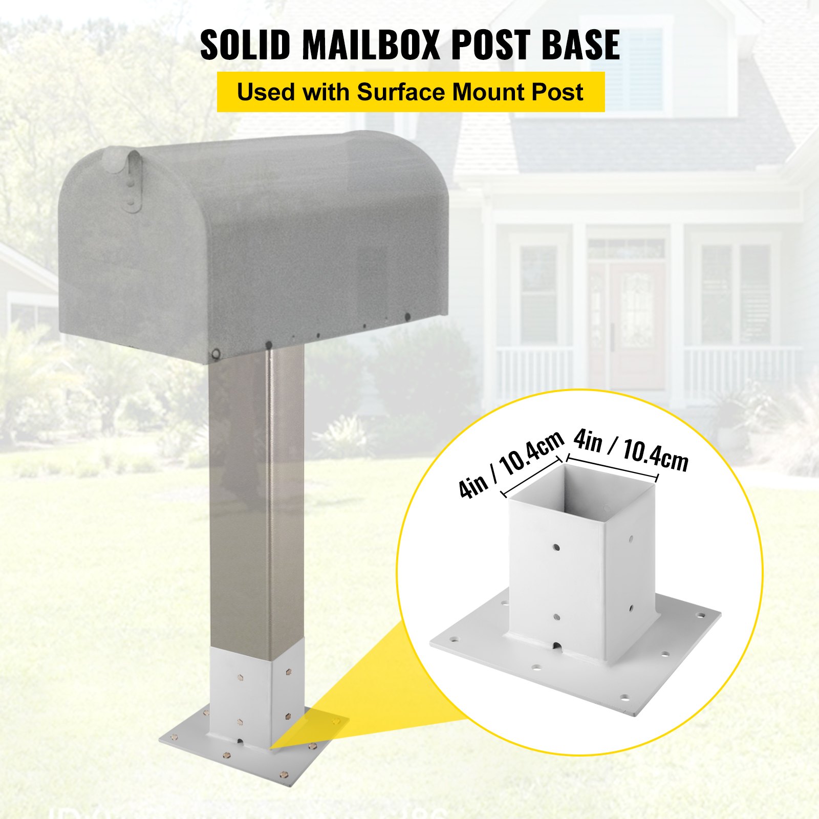 Base de poste VEVOR para instalación de buzón resistente en frente de una casa. Tamaño: 4 pulgadas/10,4 cm.