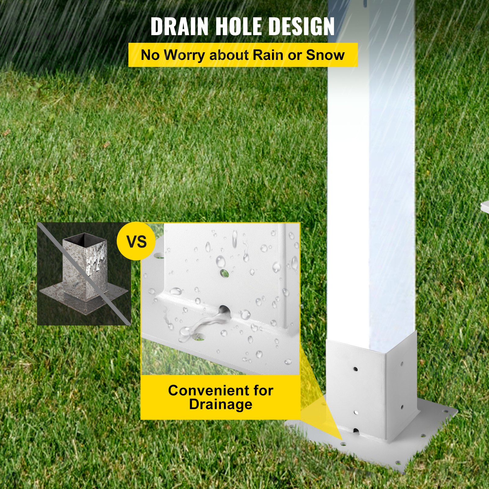 Base de poste VEVOR con diseño de orificio de drenaje eficiente para protección contra la lluvia y la nieve.