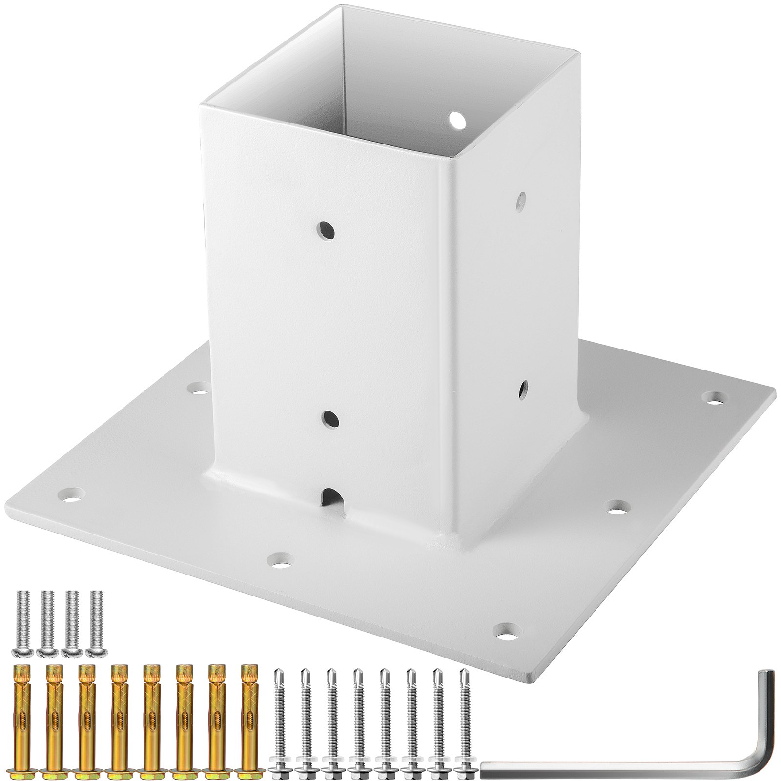 Base de poste VEVOR con tornillos, anclajes y pernos sobre fondo blanco.