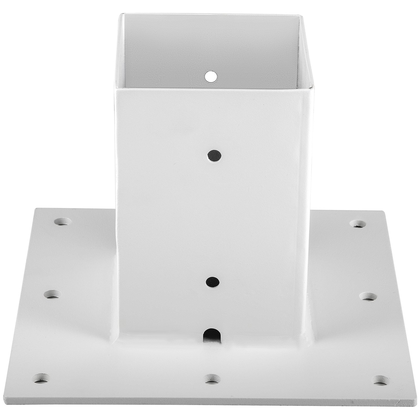 Base de poste VEVOR blanca con múltiples orificios para pernos y área de montaje rectangular.