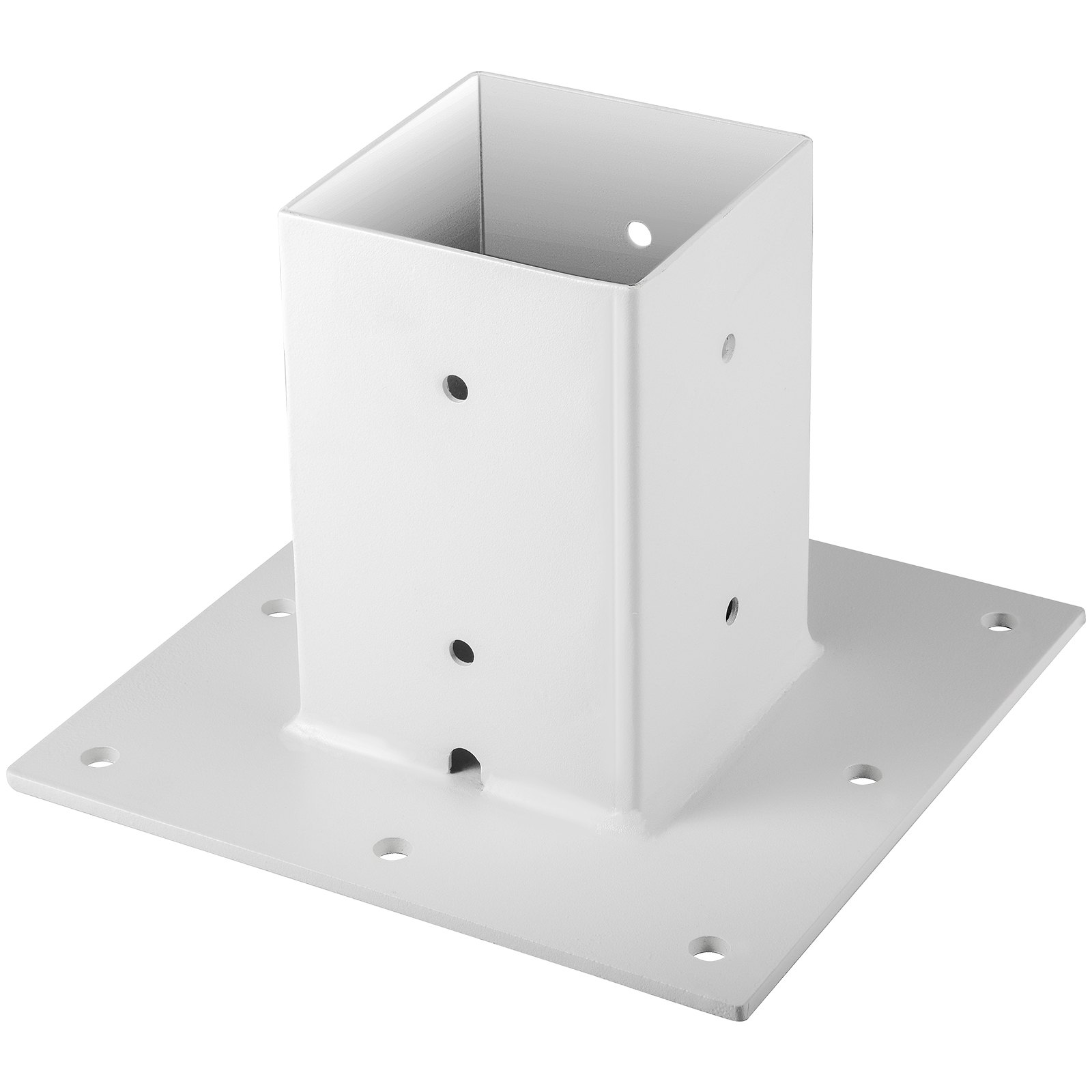 Base de poste VEVOR blanca con orificios de montaje y diseño de soporte cuadrado.