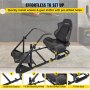 Configuración del simulador de carreras VEVOR con asiento y puntos de montaje resaltados para la instalación.