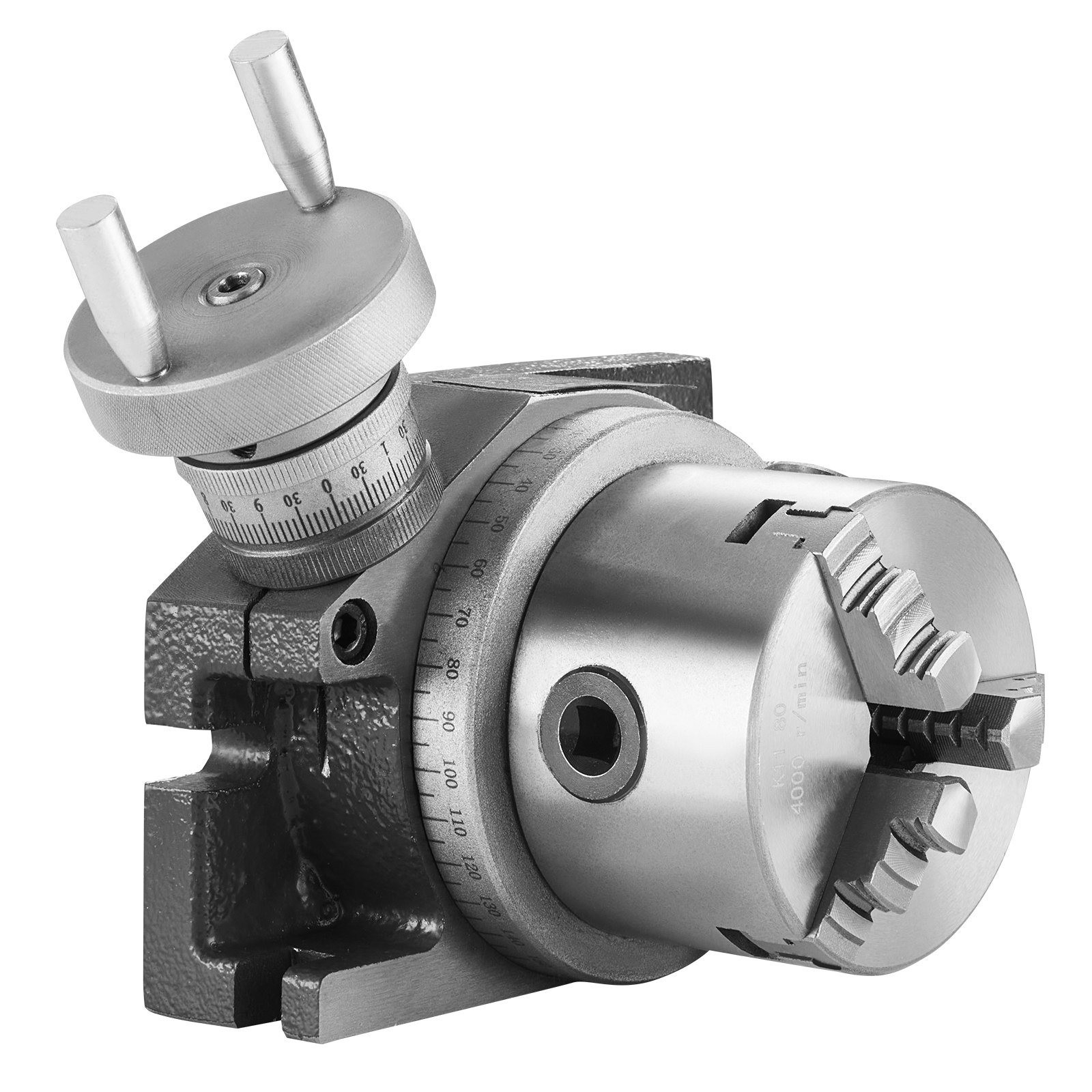 Mesa giratoria para fresadora VEVOR, 100 mm (4"), diseño versátil horizontal y vertical, fabricación de precisión, incluye mandril de 3 mordazas de 80 mm (3,1"), pernos en T y tuercas M10, ideal para ingeniería e indexación.