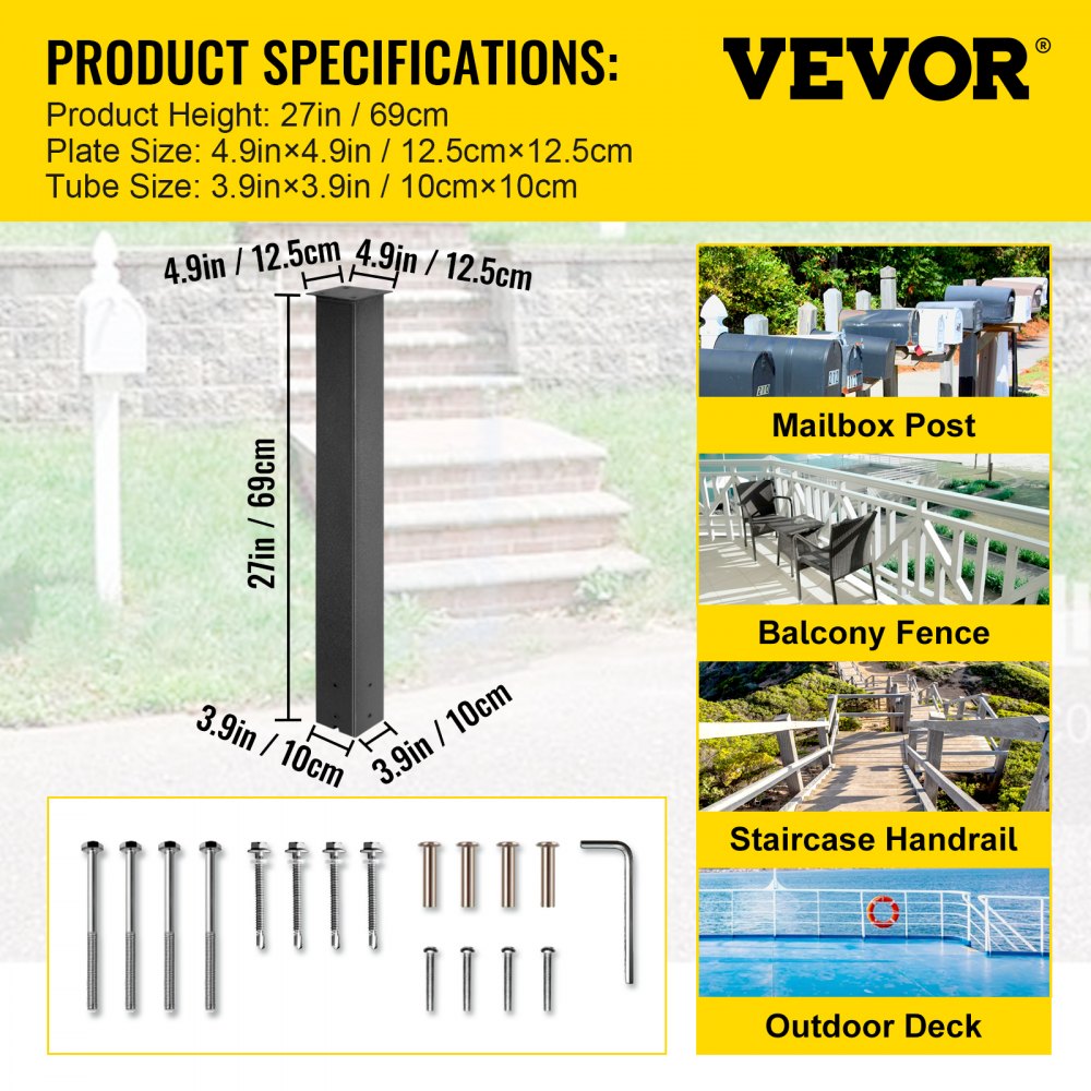 Buzón de correo VEVOR con especificaciones del producto y hardware de instalación.
