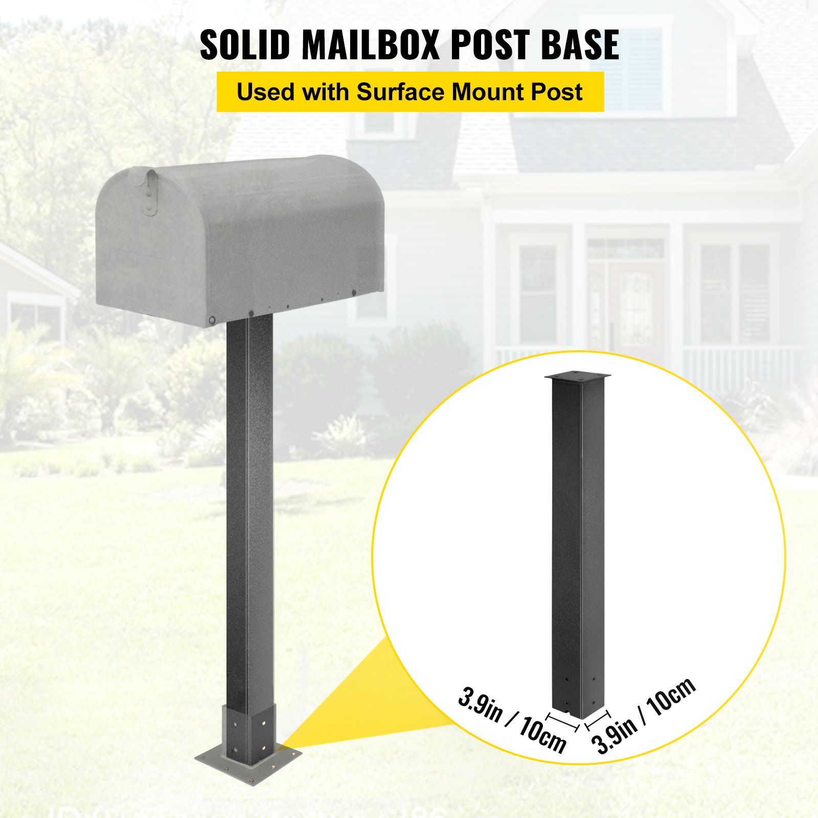 Poste de buzón VEVOR de color negro sólido con base contra el fondo de una casa suburbana.