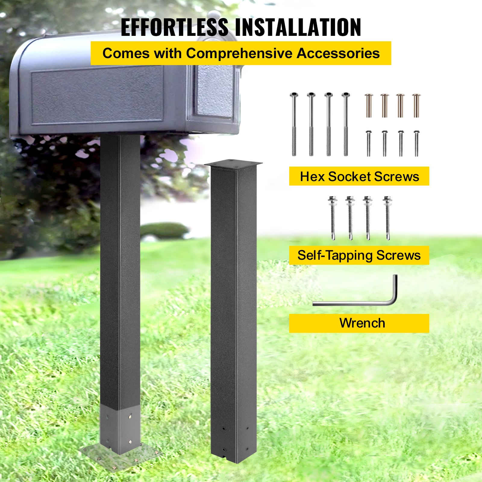 Poste de buzón VEVOR con accesorios que incluyen tornillos y llave para una fácil instalación.