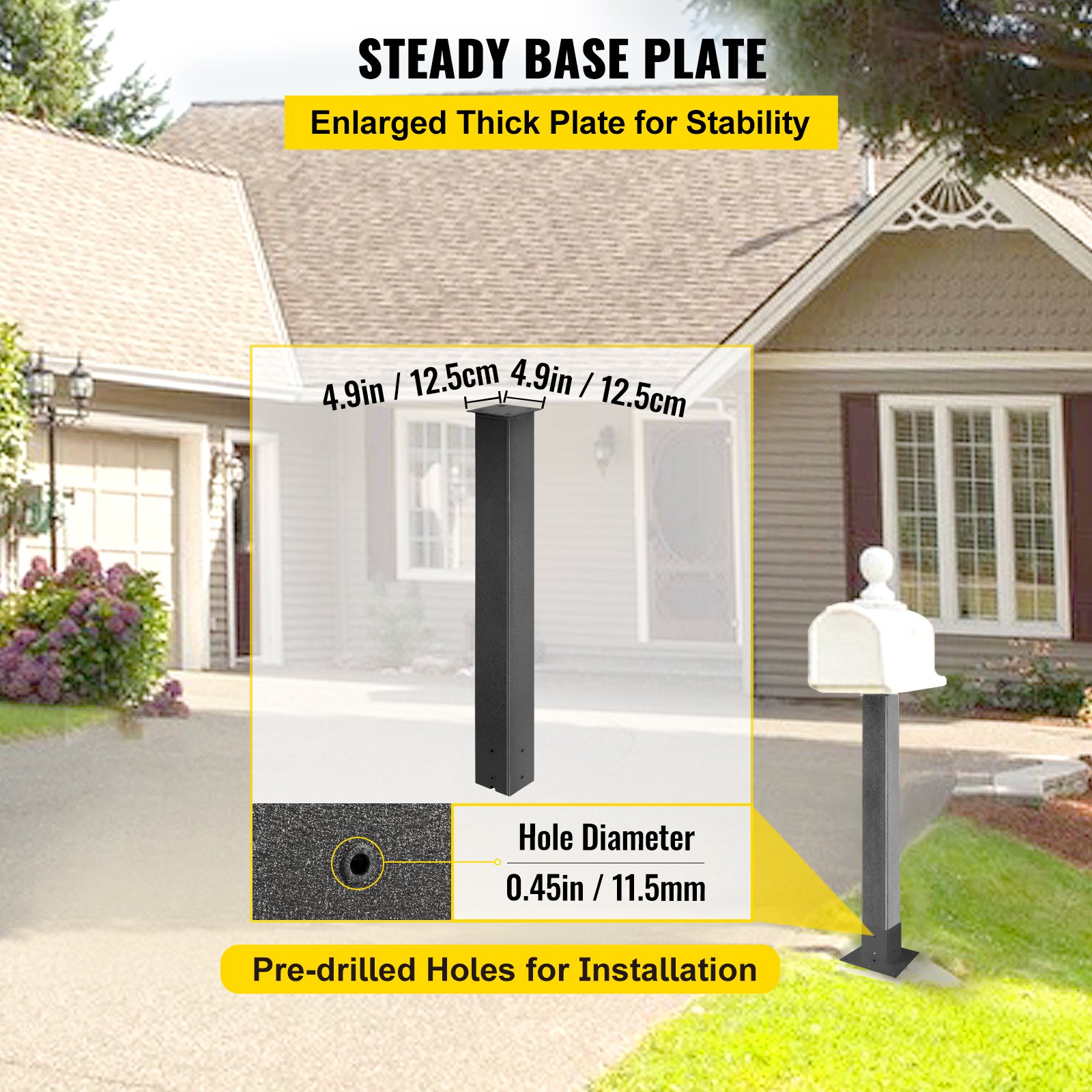 Poste de buzón VEVOR con placa base estable y orificios de instalación pretaladrados.