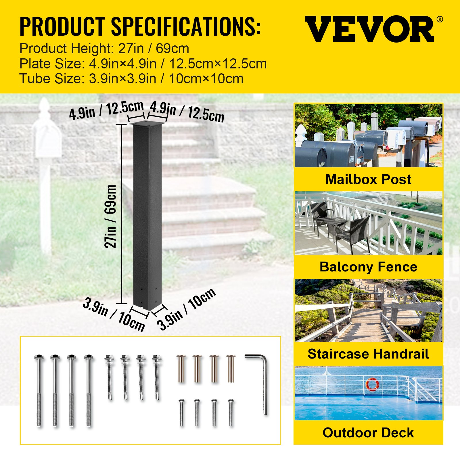 Buzón de correo VEVOR con especificaciones del producto y hardware de instalación.