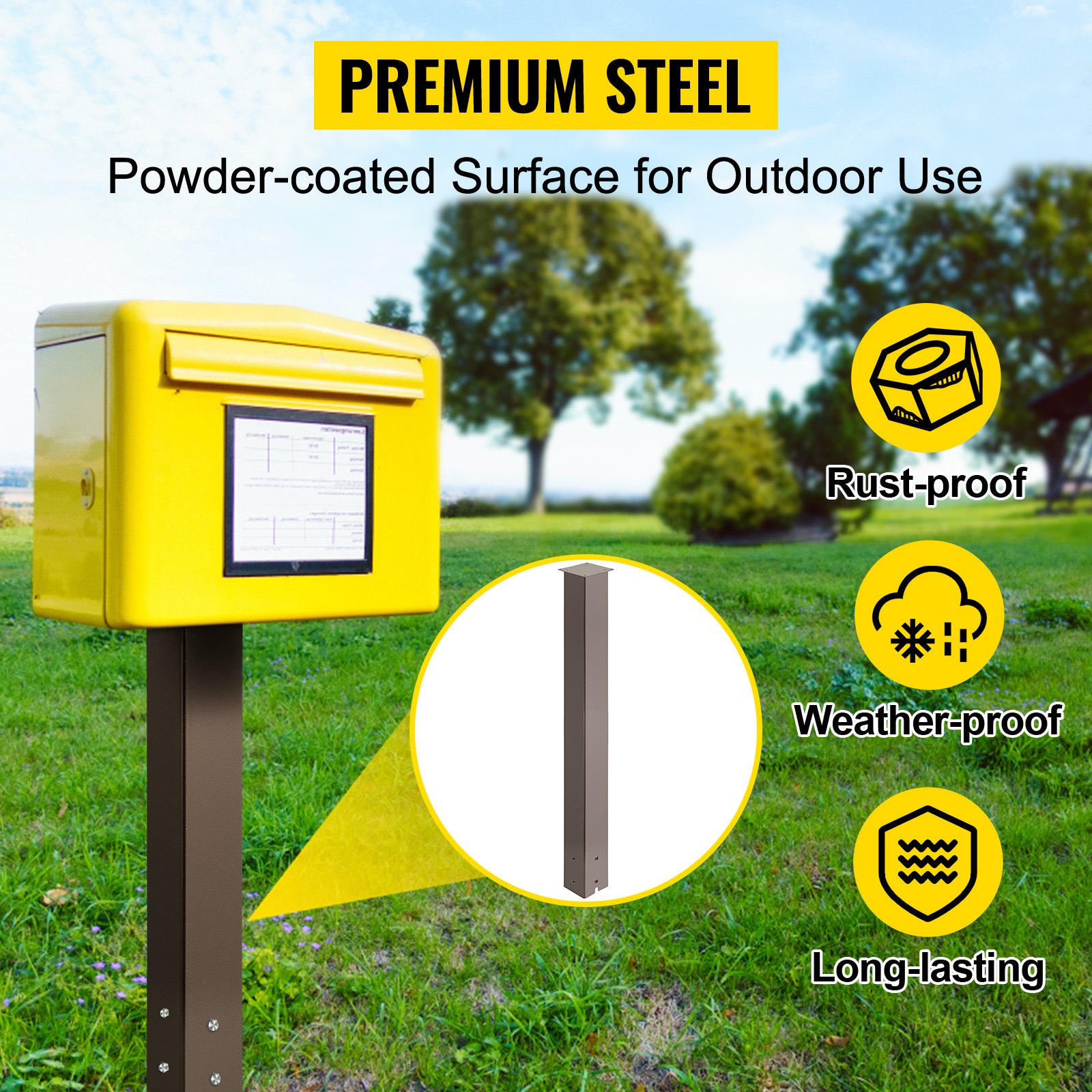 Buzón exterior amarillo con poste de buzón VEVOR, resistente a la oxidación y a la intemperie sobre césped.