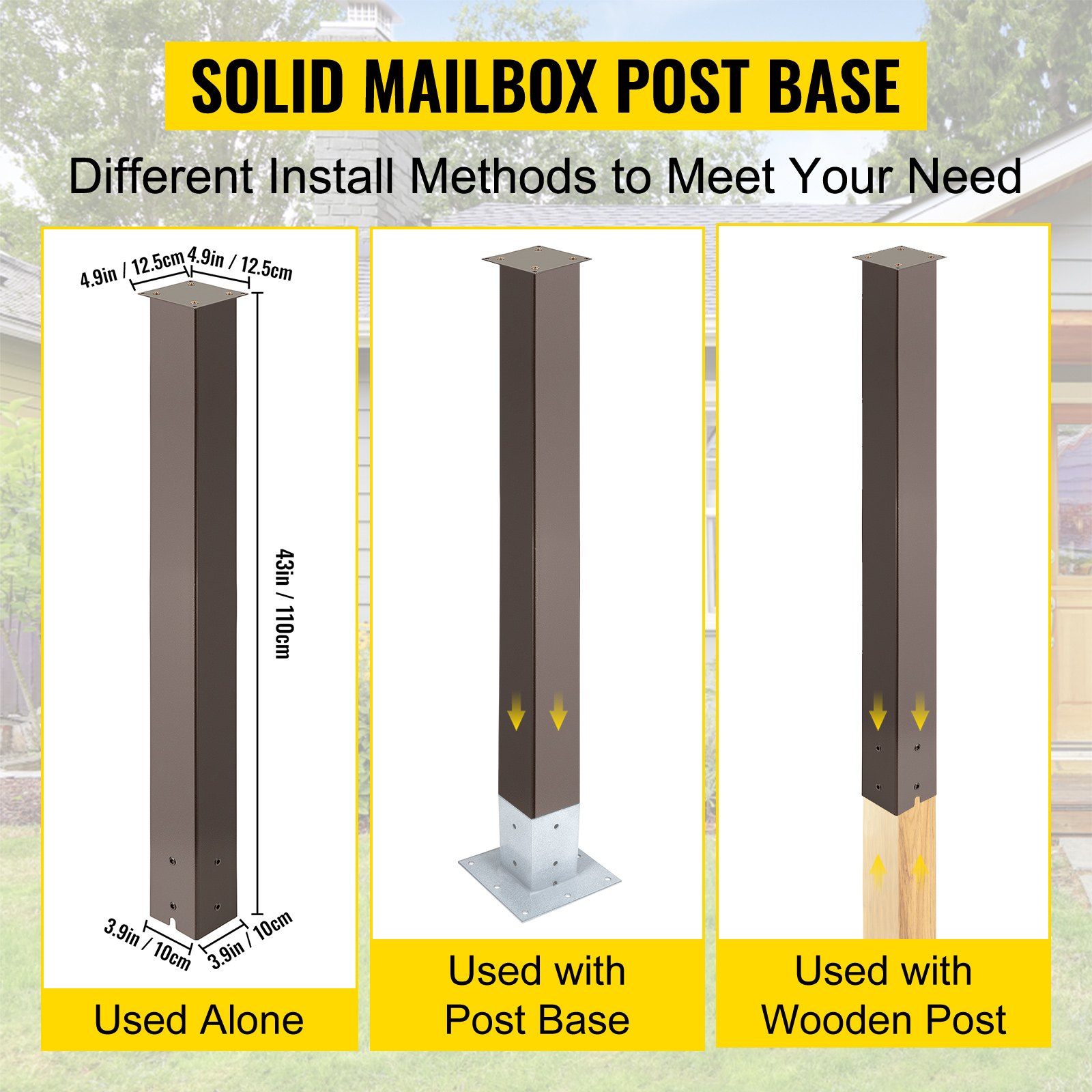 Dimensiones de la base del poste del buzón VEVOR y métodos de instalación: se utiliza solo, con base o poste de madera.