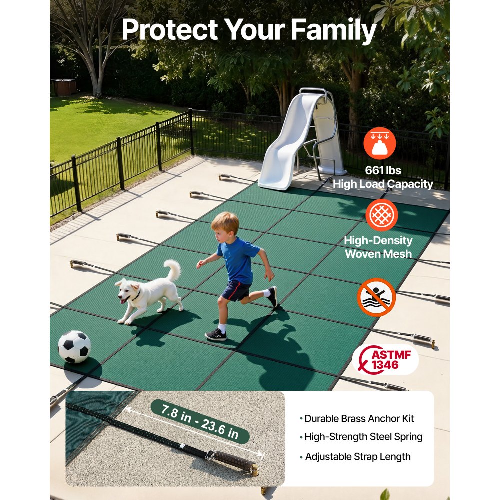 Cubierta de seguridad para piscina VEVOR, compatible con piscinas rectangulares enterradas de 4,8 x 9 m, con orificios de drenaje, malla sólida, para invierno, color verde.