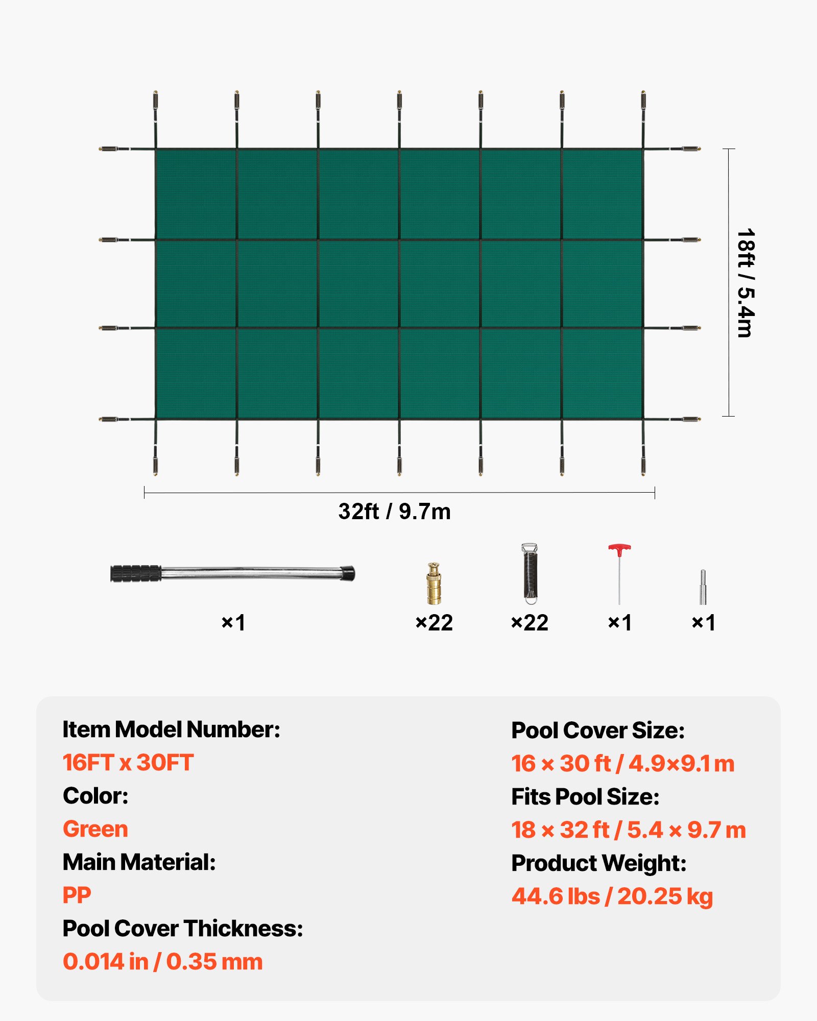 Cubierta de seguridad para piscina VEVOR, compatible con piscinas rectangulares enterradas de 4,8 x 9 m, con orificios de drenaje, malla sólida, para invierno, color verde.