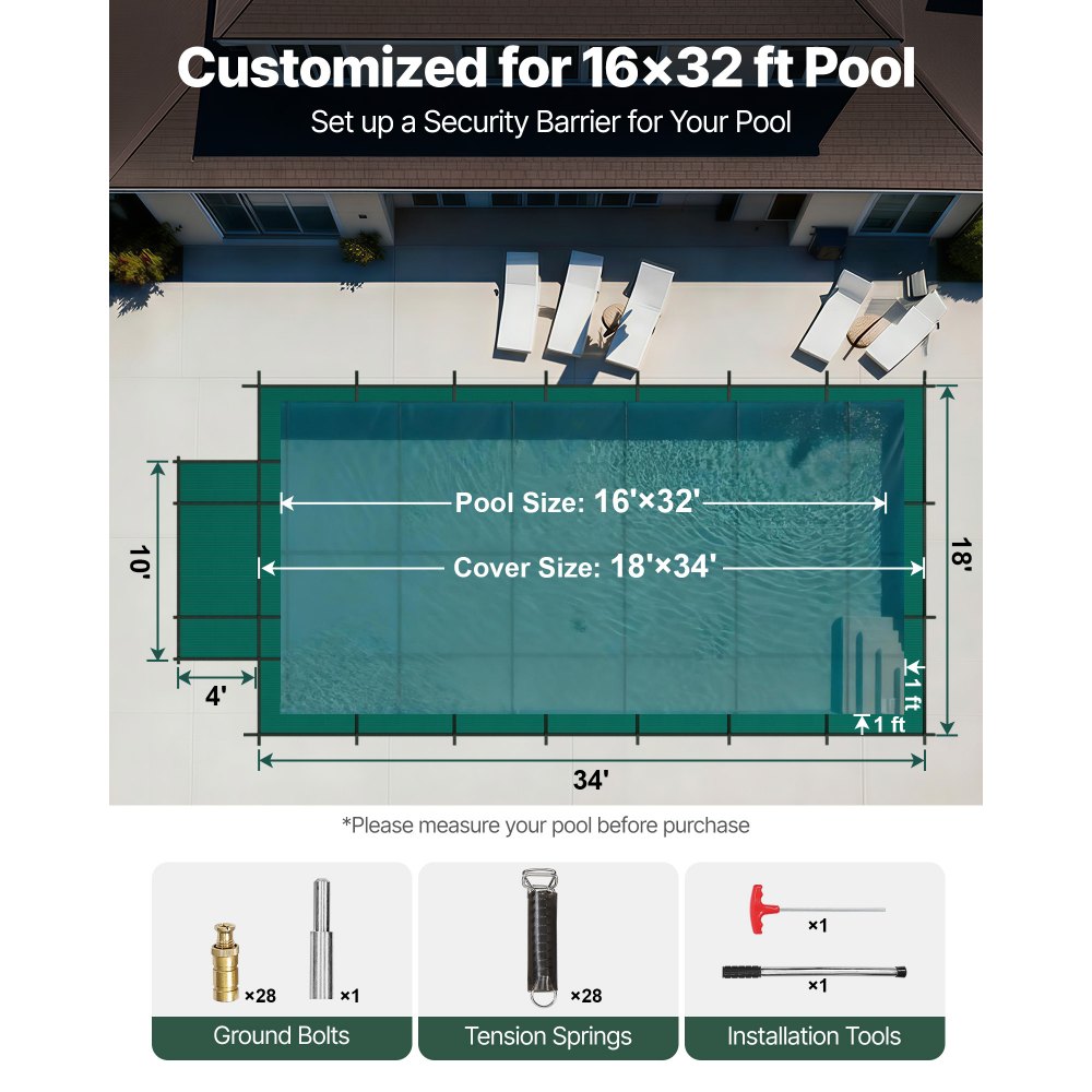 Cubierta de seguridad para piscinas VEVOR, apta para piscinas enterradas rectangulares de 4,9 x 9,75 m (16 x 32 pies), cubierta de seguridad con escalón central de 1,2 x 3 m (4 x 10 pies), cubierta de malla sólida con orificios de drenaje para piscinas, cubierta de seguridad de invierno, color verde.