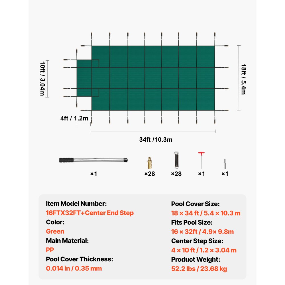 Cubierta de seguridad para piscinas VEVOR, apta para piscinas enterradas rectangulares de 4,9 x 9,75 m (16 x 32 pies), cubierta de seguridad con escalón central de 1,2 x 3 m (4 x 10 pies), cubierta de malla sólida con orificios de drenaje para piscinas, cubierta de seguridad de invierno, color verde.