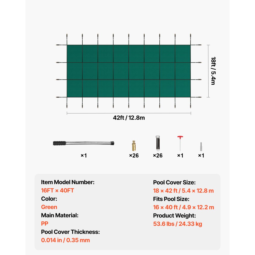 Cubierta de seguridad para piscina VEVOR, compatible con piscinas rectangulares enterradas de 4,8 x 12 m, con orificios de drenaje, de malla, para invierno, color verde